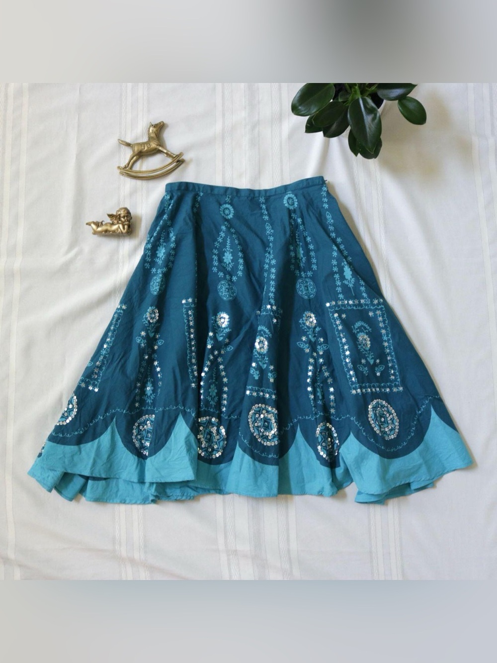 Apostrophe boho blue sequined midi length skirt